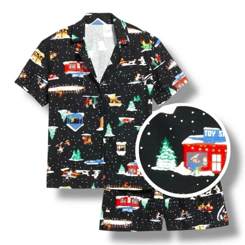 Old Navy Size M “I Love Snow” Flannel Pajama Button Top & Elastic Waist Shorts
